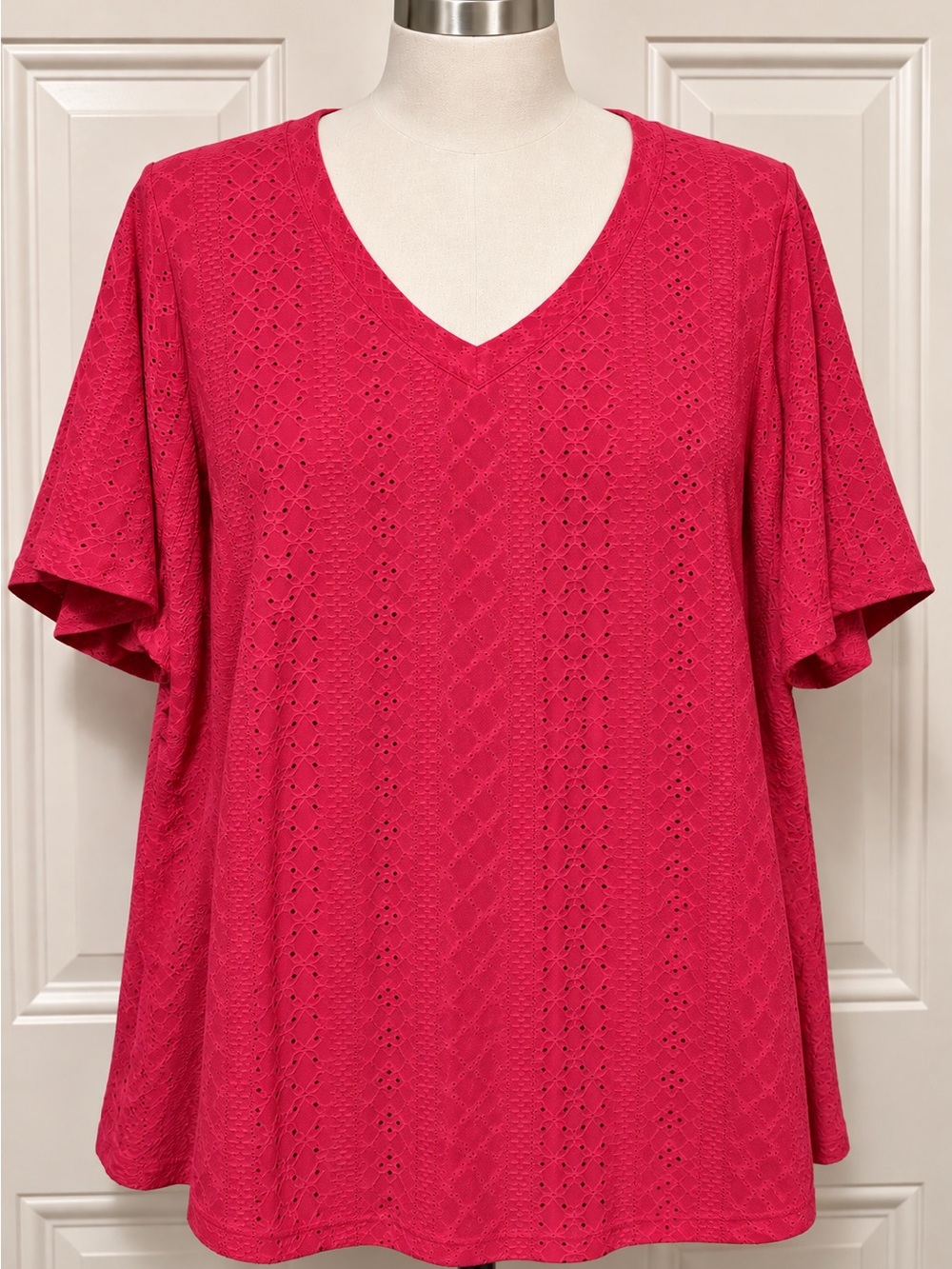 UVN Eyelet V-Neck Short Sleeve Top in Red